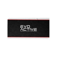 Midnight black EVOActive gym towel with red and white border and branded text at the centre