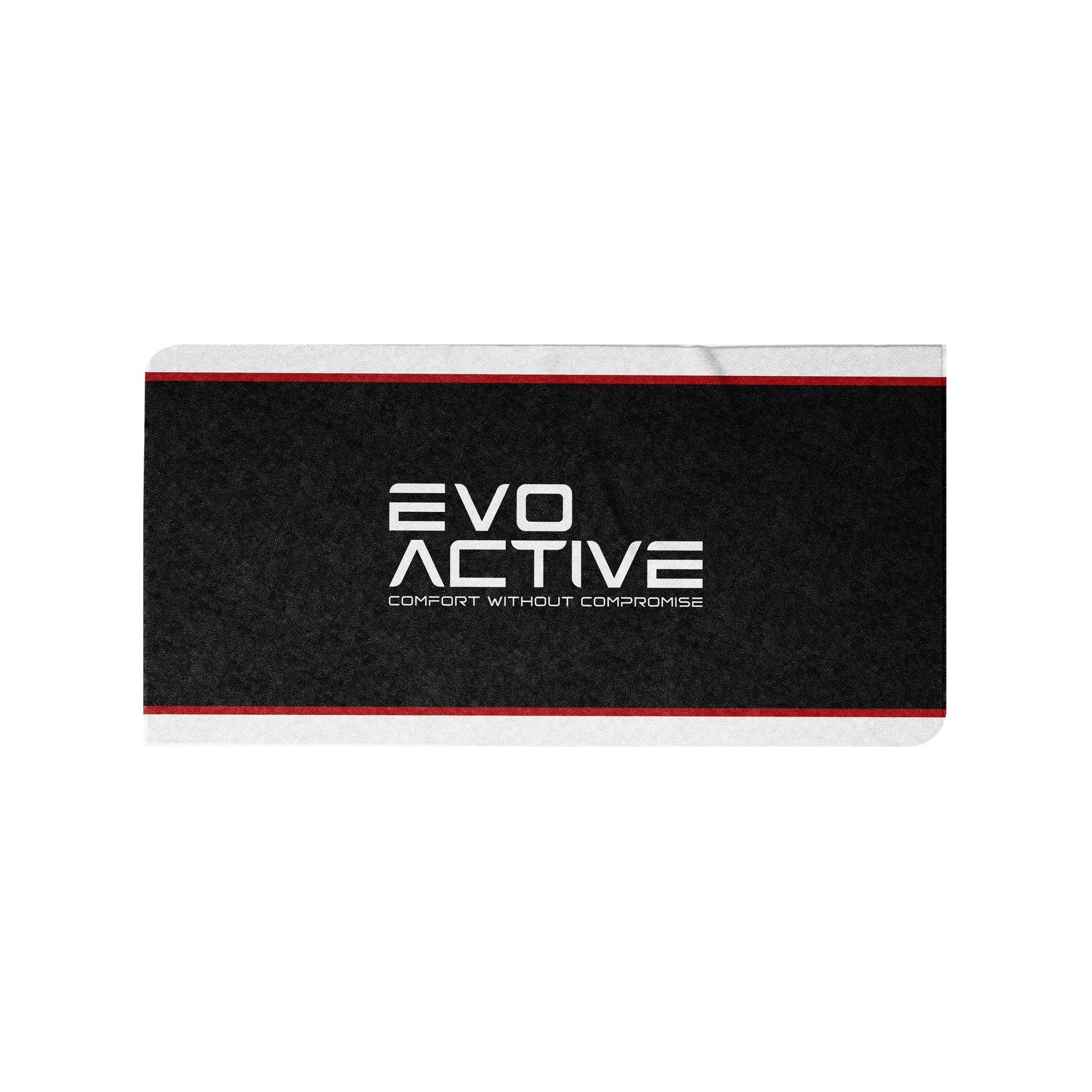 Midnight black EVOActive gym towel with red and white border and branded text at the centre
