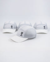 Four Evo Ice white EVOActive Unisex Core Run Caps arranged front-facing, with one cap in front at a slight side angle