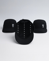 Studio product image of three midnight black EVOActive Unisex Core Run Caps, with one cap shown from the inside displaying the EVOActive logo