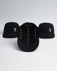 Studio product image of three midnight black EVOActive Unisex Core Run Caps, with one cap shown from the inside displaying the EVOActive logo