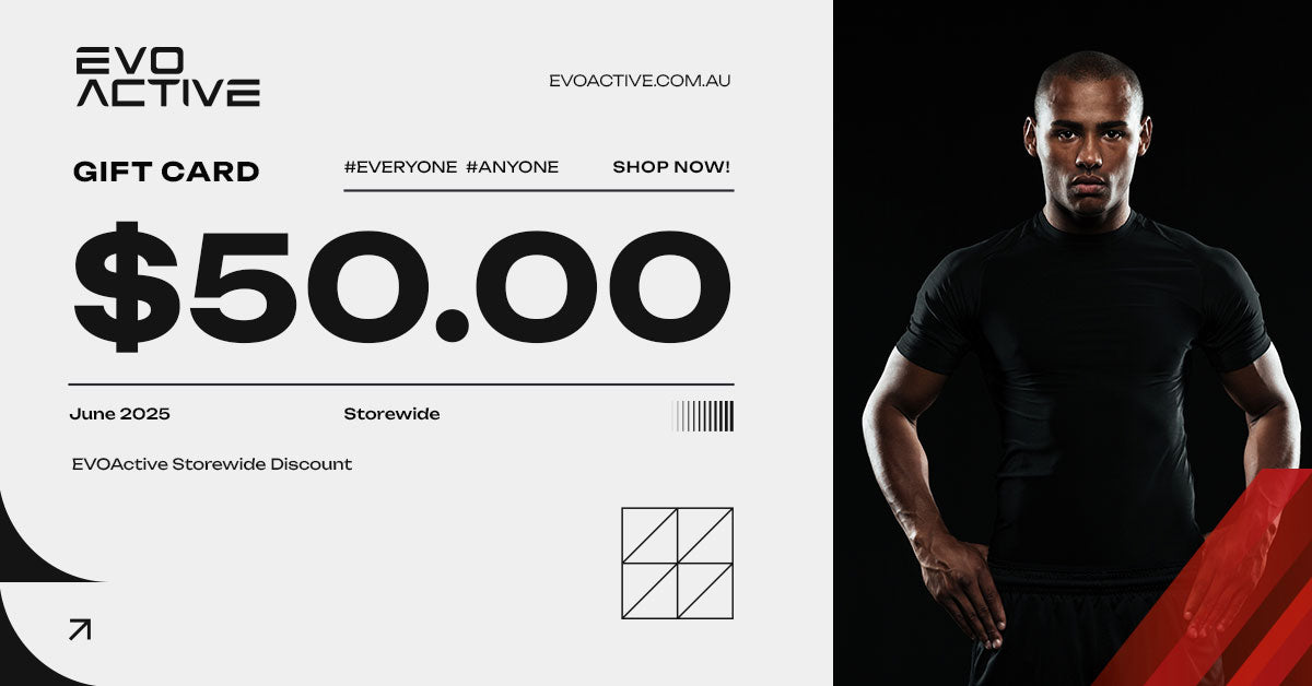 EVOActive gift card with AU$50 value, redeemable storewide for flexible gifting and shopping