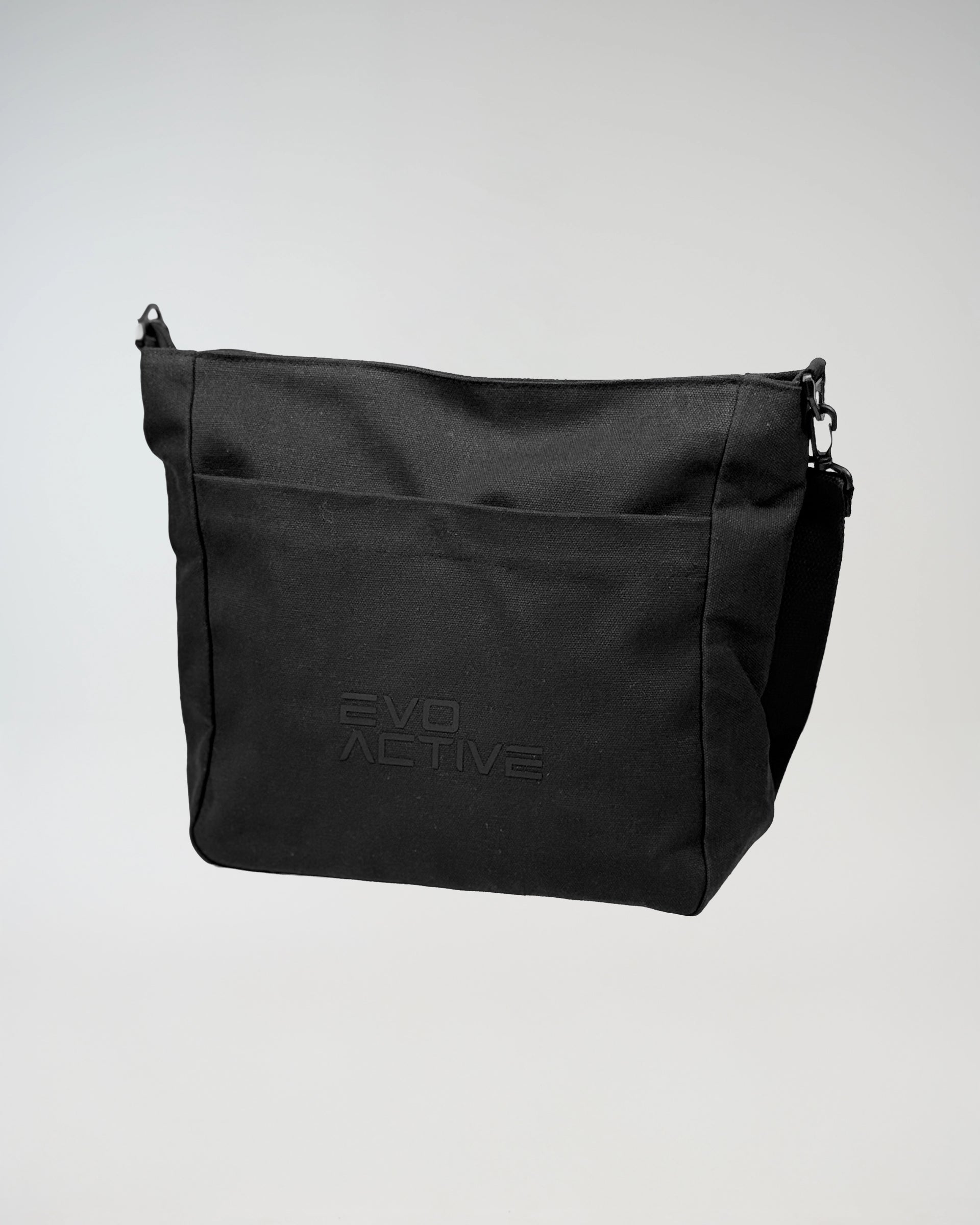 Midnight black EVOActive tote bag presented as a durable carry option for gym visits, and everyday use