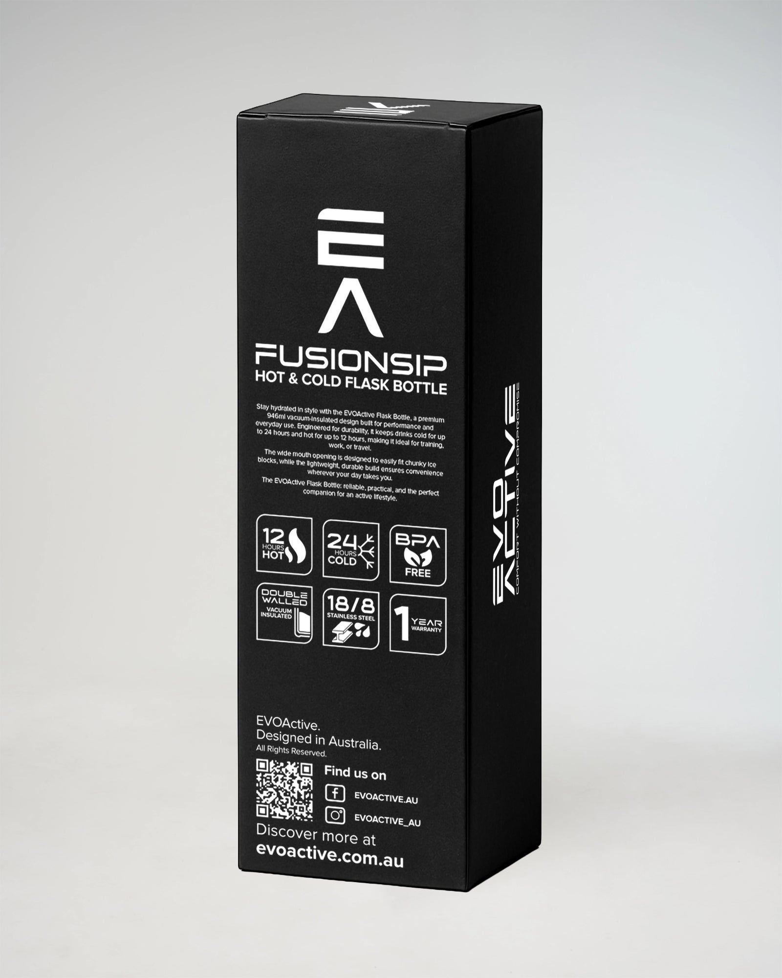 Back view of EVOActive Fusion-Sip drink bottle box showing product details for hot and cold beverage use