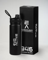 Midnight black EVOActive Fusion-Sip drink bottle with Evo Ice white text and branded box in the background