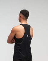 Back view of man wearing midnight black EVOActive Men’s Aero Singlet with logo visible