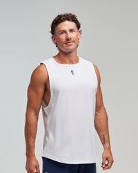 Half-body front view of man wearing Evo Ice white EVOActive Men’s Flex Singlet with logo visible