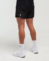 Half-body slight side pose with back visible of man wearing midnight black EVOActive Unisex Aero Run Short with logo visible on the shorts against a bright background