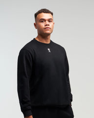 Front view of man wearing midnight black EVOActive Unisex Classic LS Crew Neck Tee with logo visible on the garment against a bright background